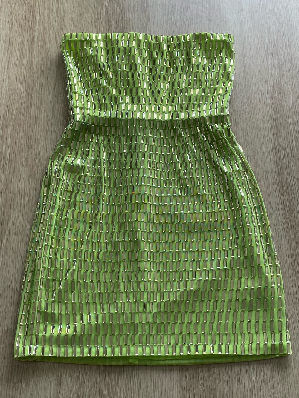 Oh Polly Aurora Embellished Bandeau Mini Dress in Pear Green Disco Ball - Picture 2 of 12